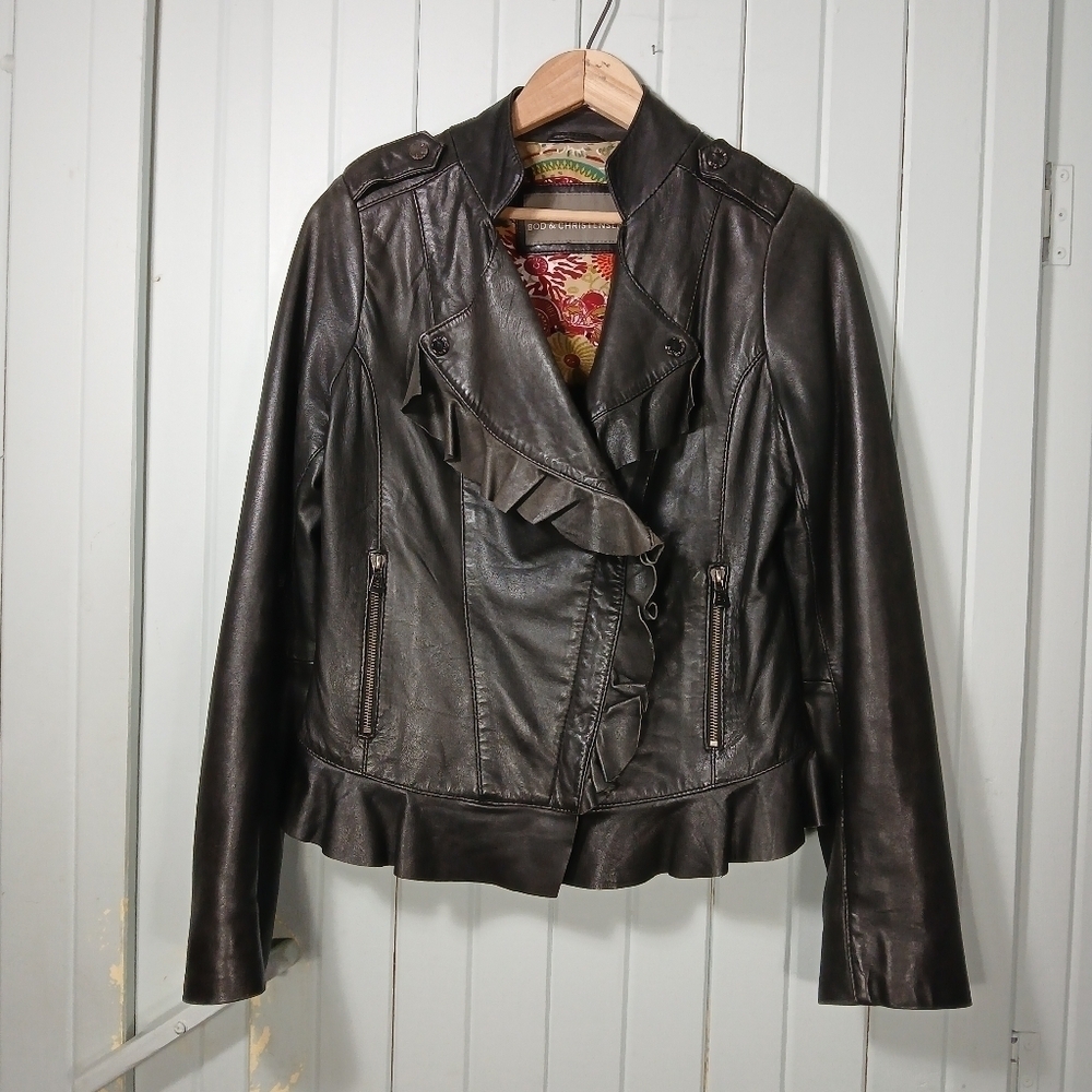 bod & christensen ruffle trimmed leather boho moto jacket